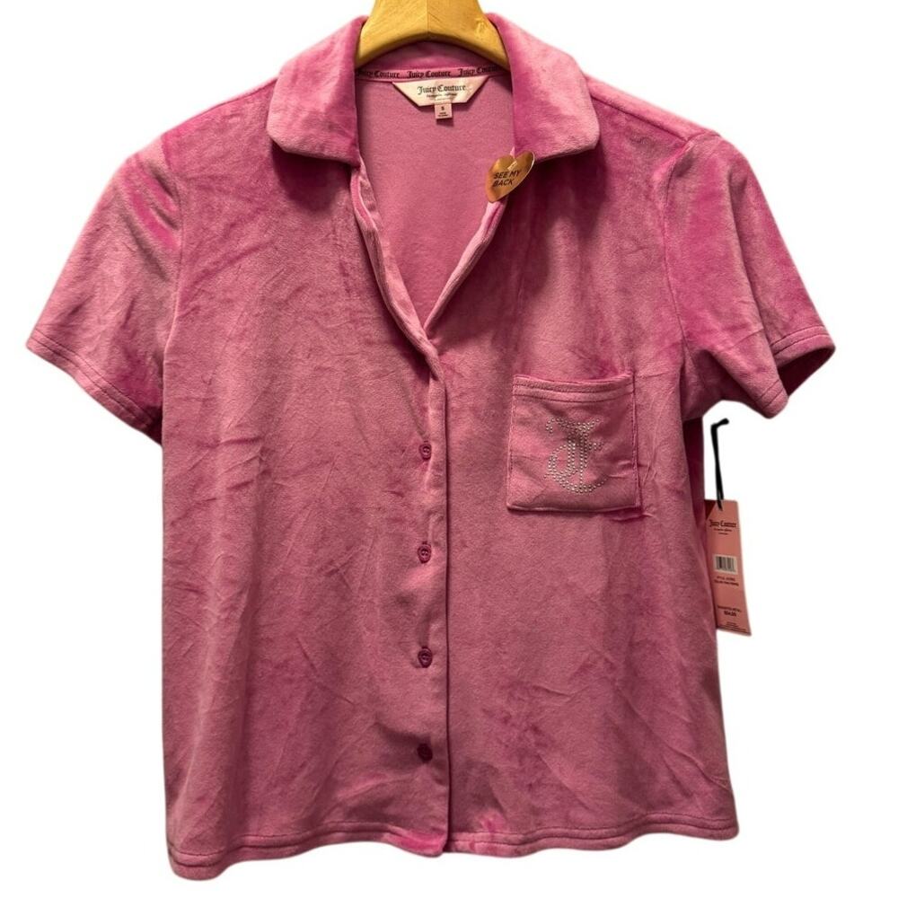 Juicy Couture Top Women's Pink Velour Button Up Blouse Short Sleeve Small NWT